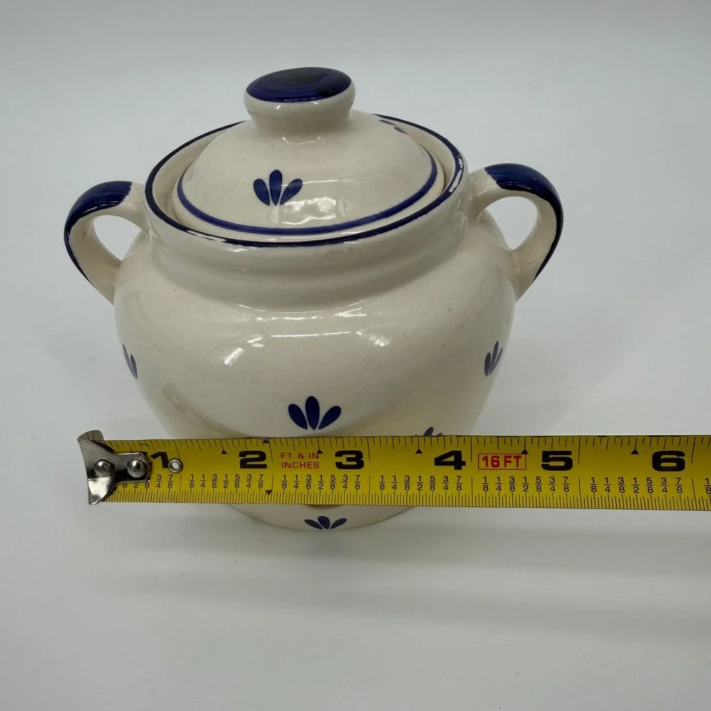 Ceramic Garlic Keeper Hand Painted Blue Floral Cream Stoneware Jar with Lid